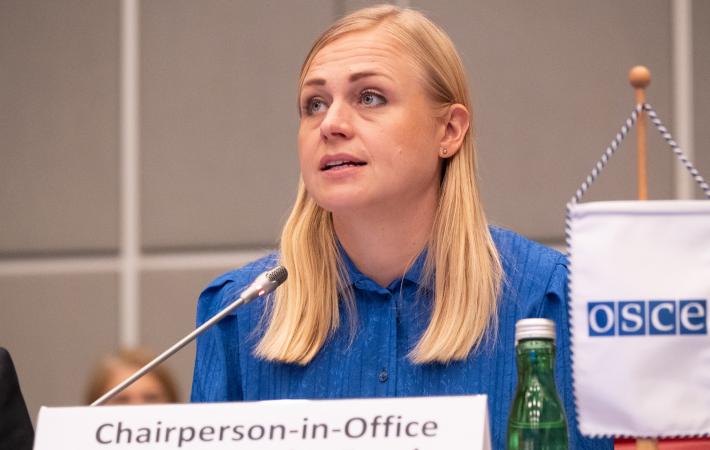 2025 OSCE Chairperson-in-Office, Minister for Foreign Affairs of Finland, Elina Valtonen, addressing the OSCE Permanent Council. Vienna, 23 January 2025. (OSCE/Renaud Cuny)