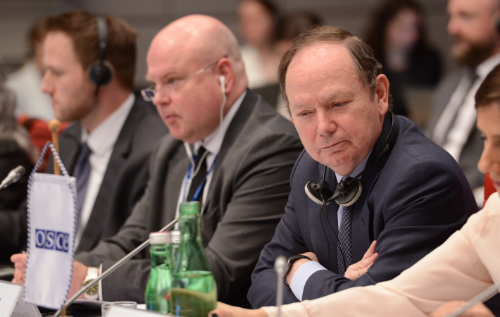 Chairperson Cristóbal Ramón Valdés, Ambassador and Permanent Representative of Spain to the OSCE at the Forum for Security Co-operation (FSC) Security Dialogue on Women, Peace and Security Agenda, Vienna, 12 March 2025.  (OSCE/Micky Kroell)