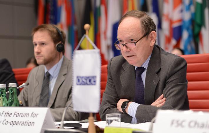 Chairperson Cristóbal Ramón Valdés, Ambassador and Permanent Representative of Spain to the OSCE at the Forum for Security Co-operation (FSC) meeting, Vienna, 5 February 2025.  (OSCE/Micky Kroell)