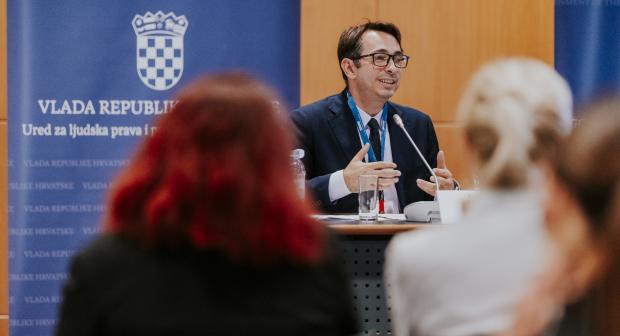 Boris Topic, National Anti-Trafficking Officer, OSCE Mission to Bosnia and Herzegovina, speaking at a roundtable on business & human rights and supply chain issues in Croatia, October 2024.  (Samir Cerić Kovačević)