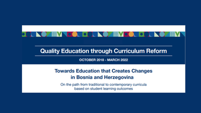 Quality education banner focusing on curriculum reform in Bosnia and Herzegovina, blue background with colorful trim.