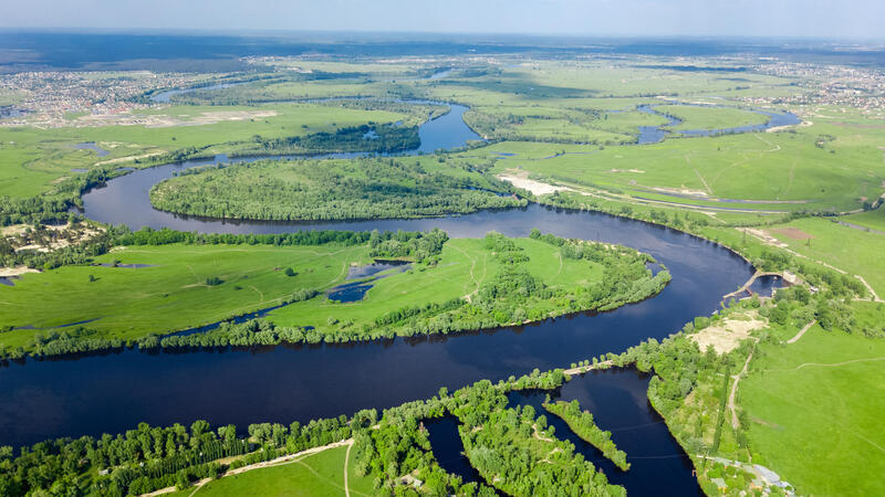 Aerial drone view of Dnieper and Dniester river near Kyiv