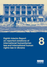 Damaged building with debris, cyclist in foreground. Blue-tinted document cover labeled Eighth Interim Report.