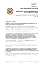 Statement by the Delegation of the United State of America, "Implementing ODIHR's and Participating States' Tolerance Taskings" Statement by the Delegation of the United State of America, "Implementing ODIHR's and Participating States' Tolerance Taskings"
